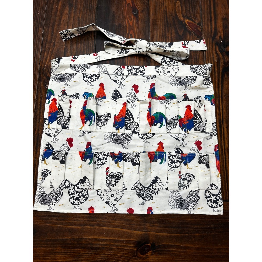 Handmade Rooster Print Egg Gathering Apron Multi Pocket Chicken Coop Waist Tie